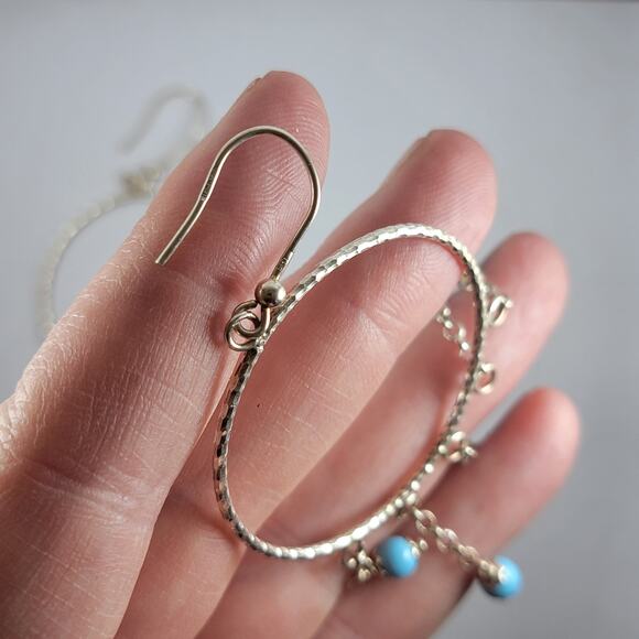 Sterling Silver Hoop Earrings Blue Beads 3 Inch Vintage Dangle Jewelry - Picture 6 of 10